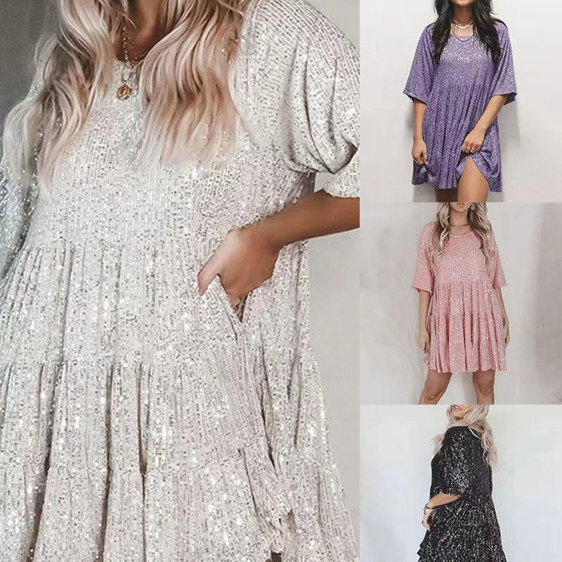 Damen funkelndes Mini-Kleid mit Pailletten und weitem Schnitt R&B