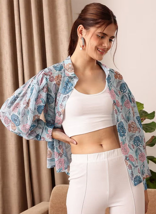 Damen leicht transparente Chiffonjacke mit floralen Motiven und ballonartigen Ärmeln R&B