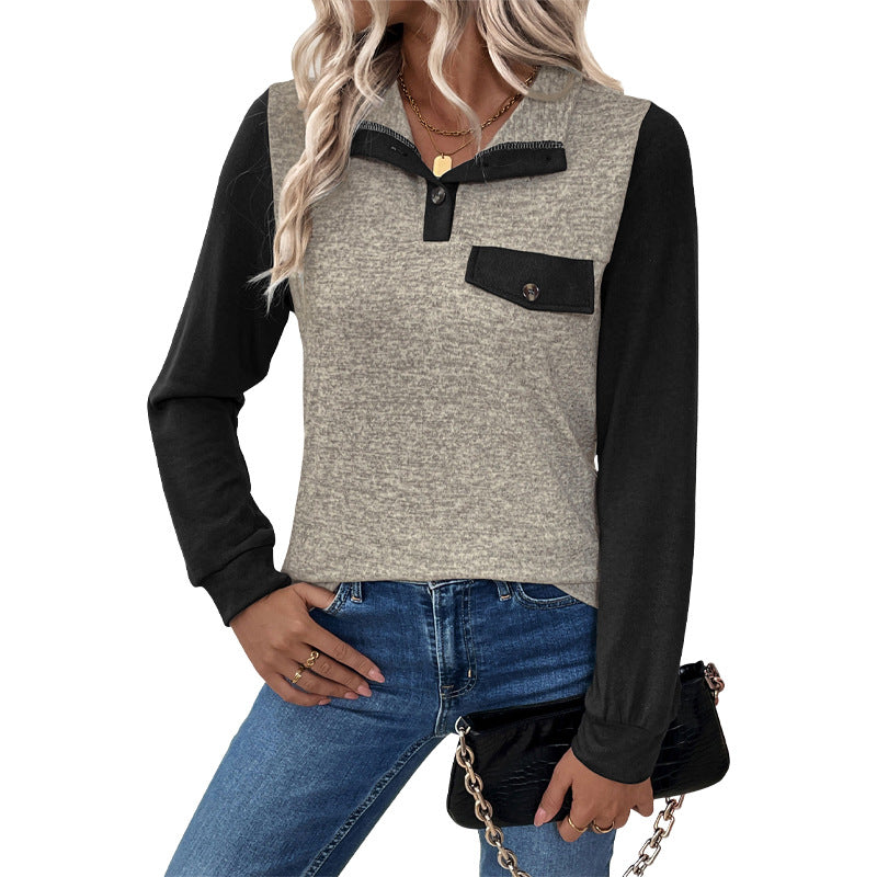 Damen modischer Langarm-Pullover mit praktischer Brusttasche und Knopfleiste R&B