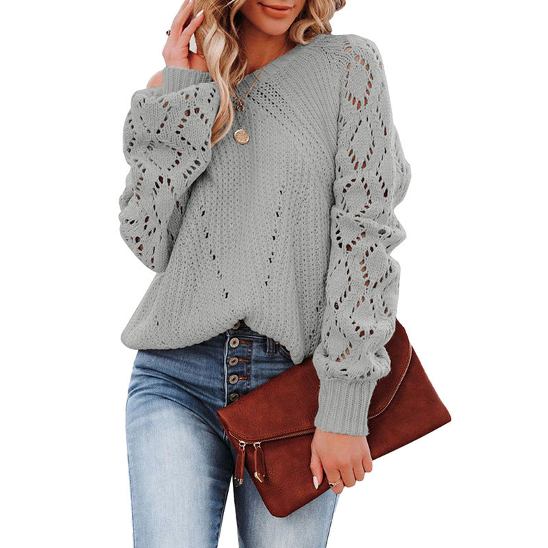 Damen Strickpullover mit romantischem Häkelmuster und voluminösen Ärmeln R&B