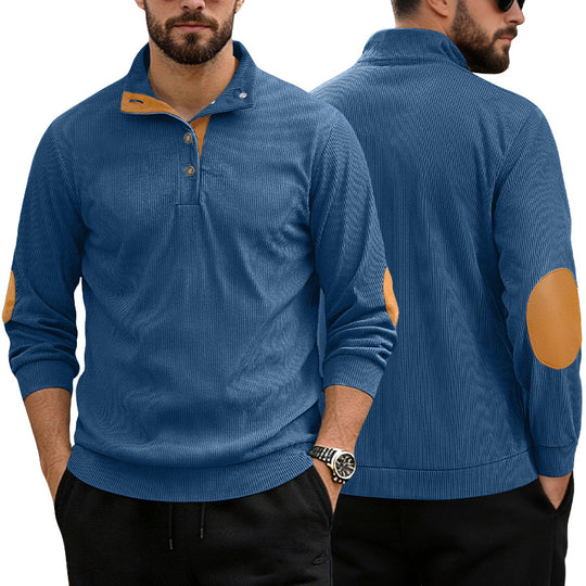 Herren nan lässiger Strukturpullover mit Polokragen, kurzer Knopfleiste und veganen Lederbesätzen R&B