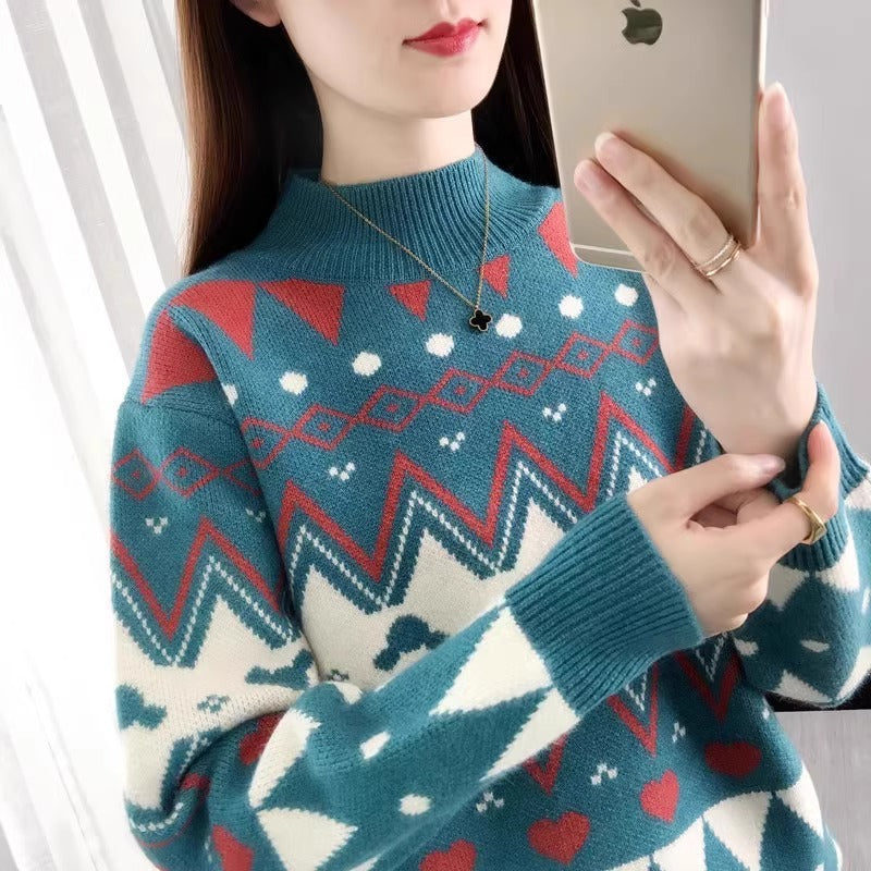 Damen festlicher Strickpullover im modernen Weihnachtsdesign mit geometrischem Muster und komfortablem Rundhalsausschnitt R&B