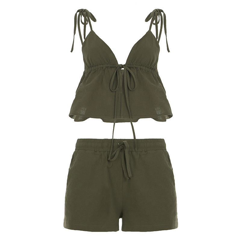 Damen elegantes Halter-Top mit herausragender Raffung und kurzen Shorts R&B