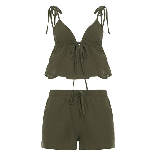 Damen elegantes Halter-Top mit herausragender Raffung und kurzen Shorts R&B