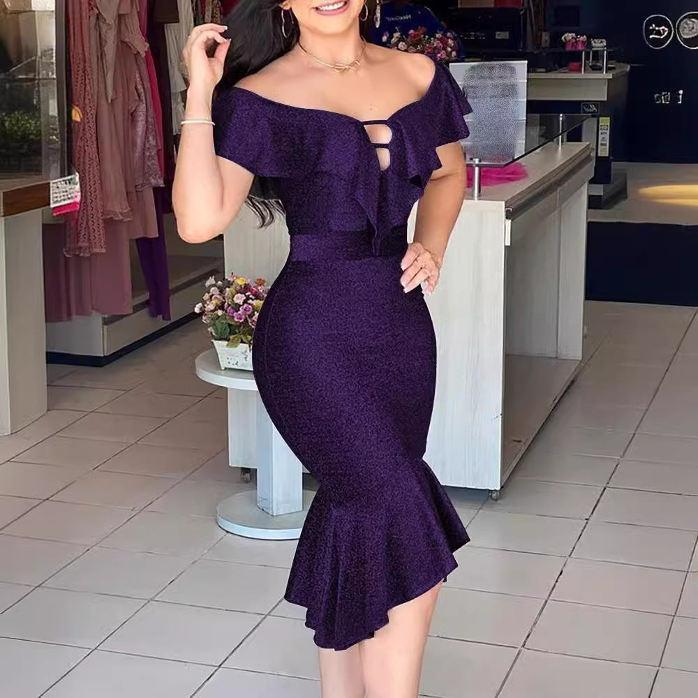 Damen figurbetontes Abendkleid mit Volant und Off-Shoulder Design R&B