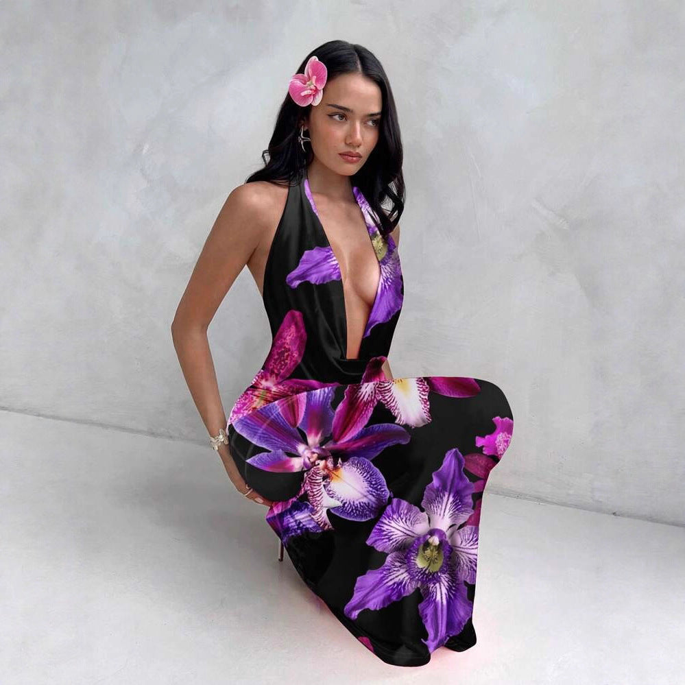 Damen ElegantesMaxikleid mit raffiniertem Blumendruck und tiefem V-Ausschnitt R&B
