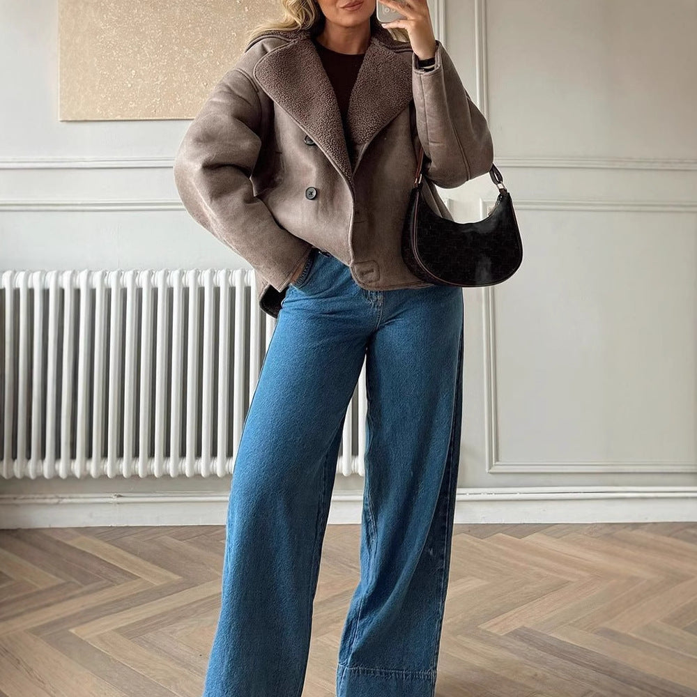 Damen Oversized Kunstlederjacke mit strukturiertem Futter und lässigem Schnitt R&B