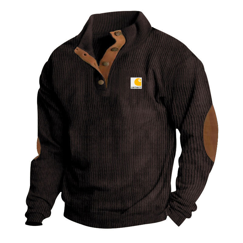 Herren nan Strickpullover im Troyer-Stil mit Stehkragen Lederbesatz Druckknopfleiste und Ellbogen-Patches R&B
