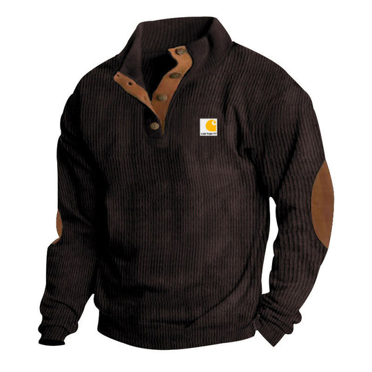 Herren nan Strickpullover im Troyer-Stil mit Stehkragen Lederbesatz Druckknopfleiste und Ellbogen-Patches R&B