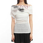 Damen Off-Shoulder T-Shirt mit künstlerischem Druck und figurbetontem Schnitt R&B