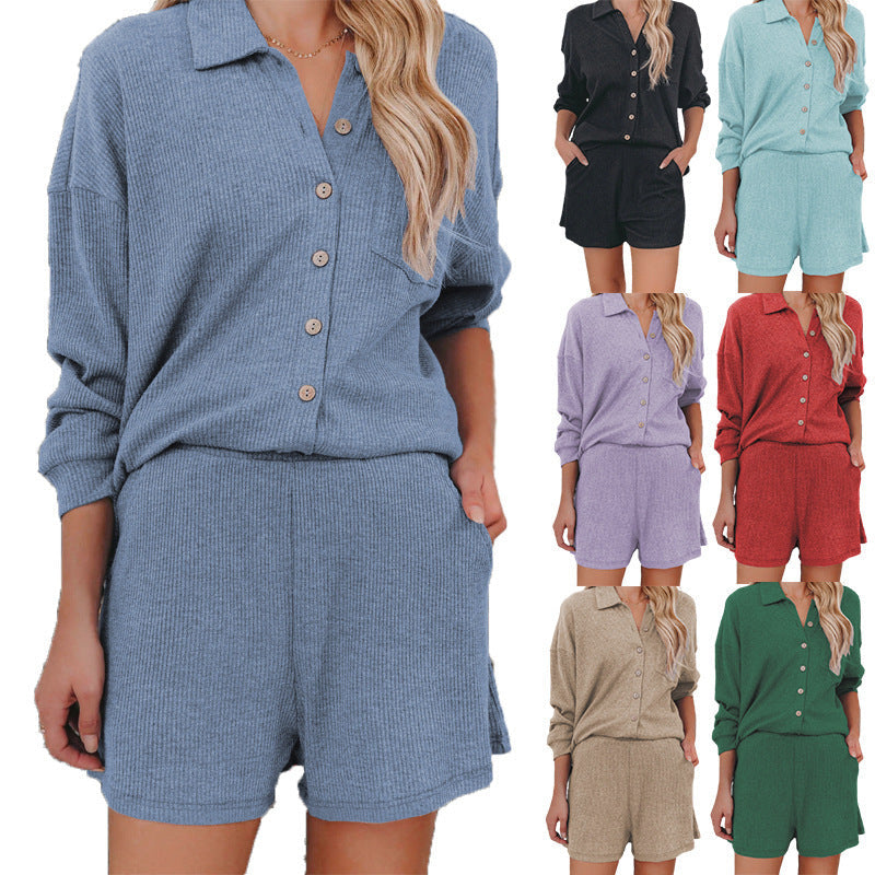 Damen Freizeitanzug mit lässiger Button-Down-Bluse und Shorts R&B