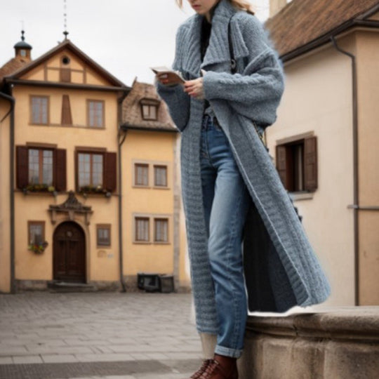 Damen Großer Strickmantel mit tiefem Kragen und kunstvollem Rippmuster R&B