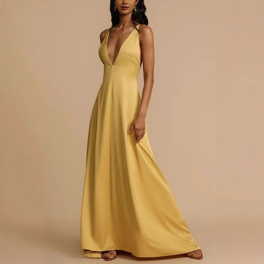 Damen Elegantes Maxikleid mit tiefem V-Ausschnitt und fließendem Schnitt R&B