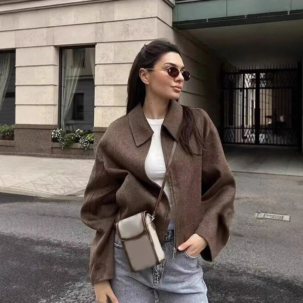 Damen lässige oversized Jacke mit Reißverschluss und schmalem Kragen R&B