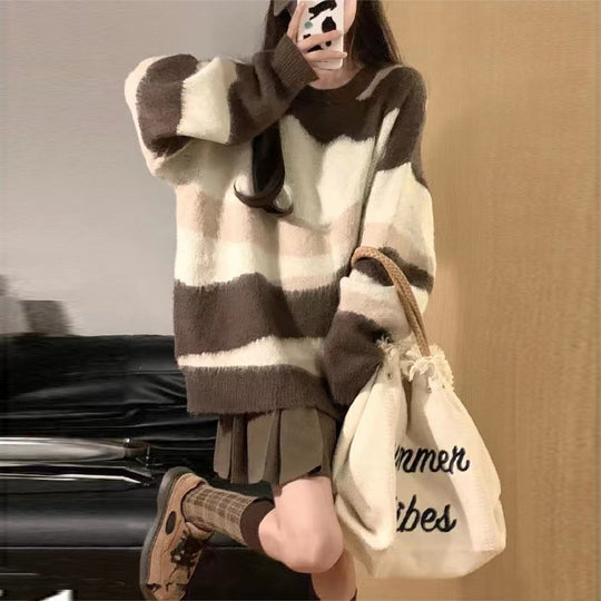 Damen Grobstrickpullover mit modischem Streifenmuster und lässigem Schnitt R&B
