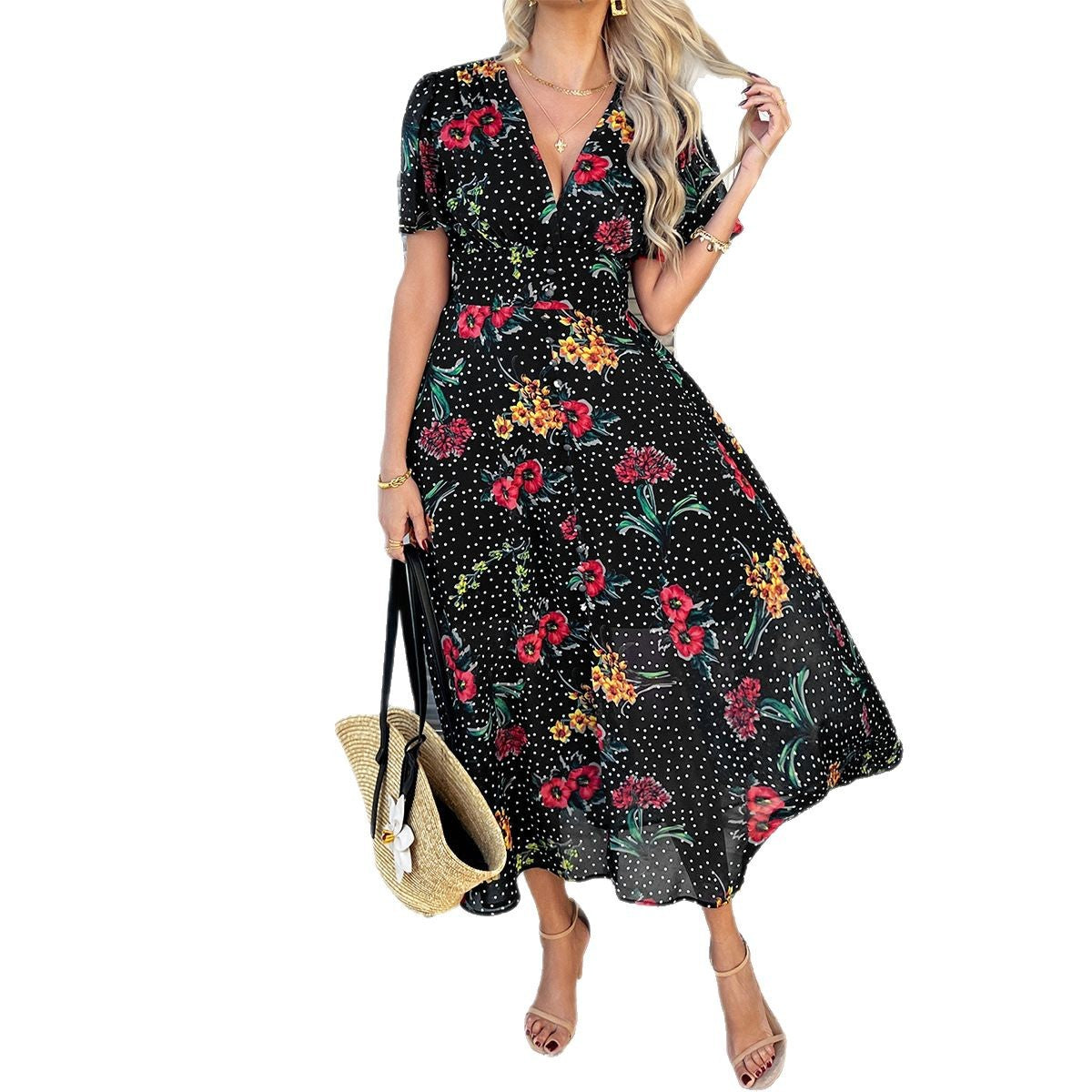 Damen Maxikleid mit floralem Muster und gepunktetem Design R&B