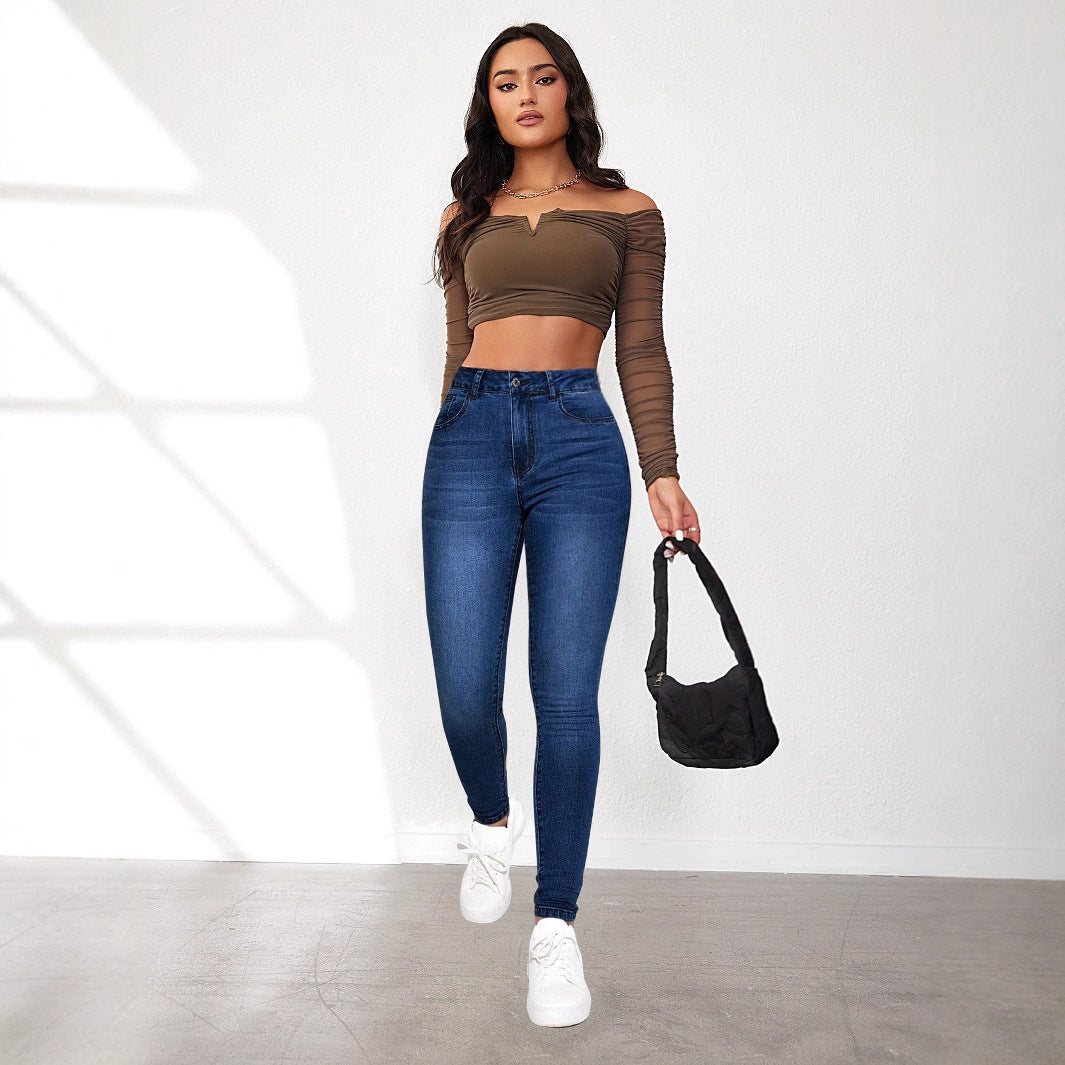 Damen High-Waist Skinny Jeans mit angedeuteten Taschen und elastischem Bund R&B