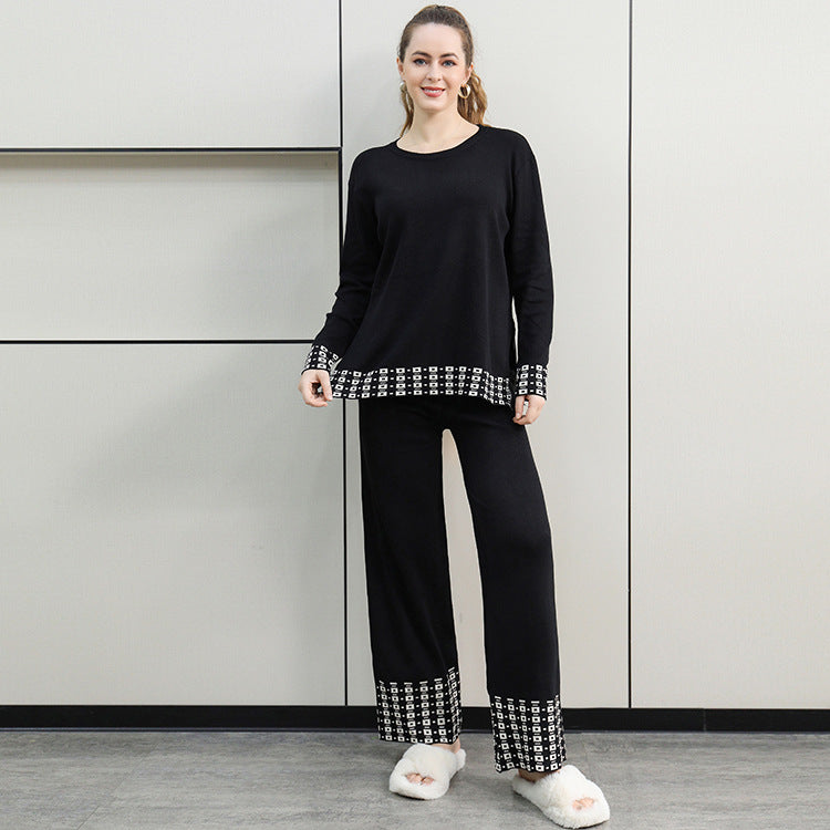 Damen stilvolles Strick-Loungewear-Set mit dekorativen Kontrastabschlüssen R&B