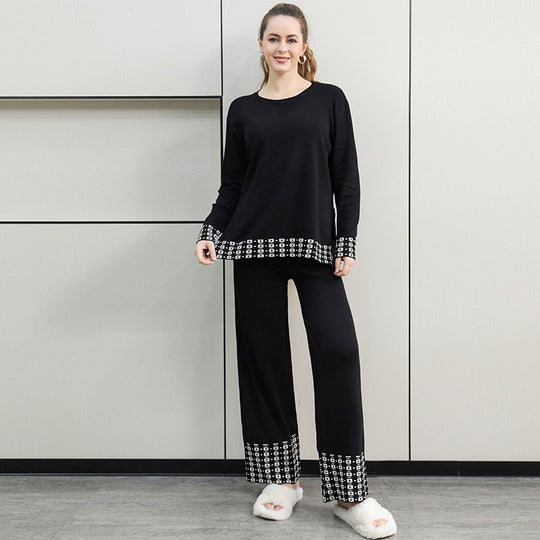 Damen stilvolles Strick-Loungewear-Set mit dekorativen Kontrastabschlüssen R&B