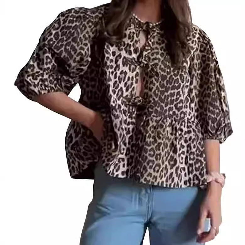 Damen Bluse mit voluminösen Ärmeln und modischem Leopardenmuster R&B