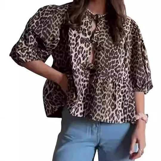 Damen Bluse mit voluminösen Ärmeln und modischem Leopardenmuster R&B