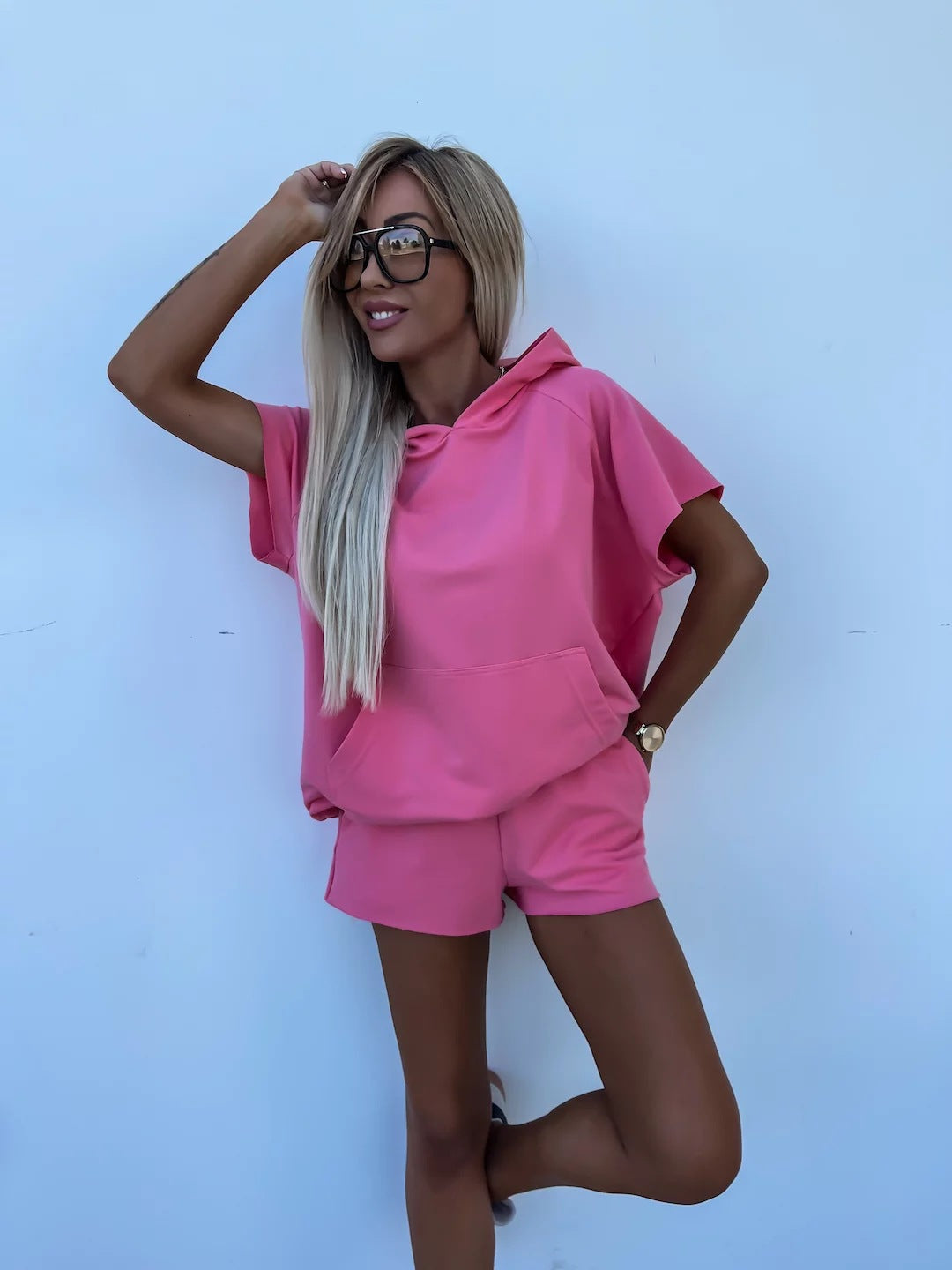 Damen lässiges Shorts- und Kurzarm-Hoodie Set aus atmungsaktivem Material R&B