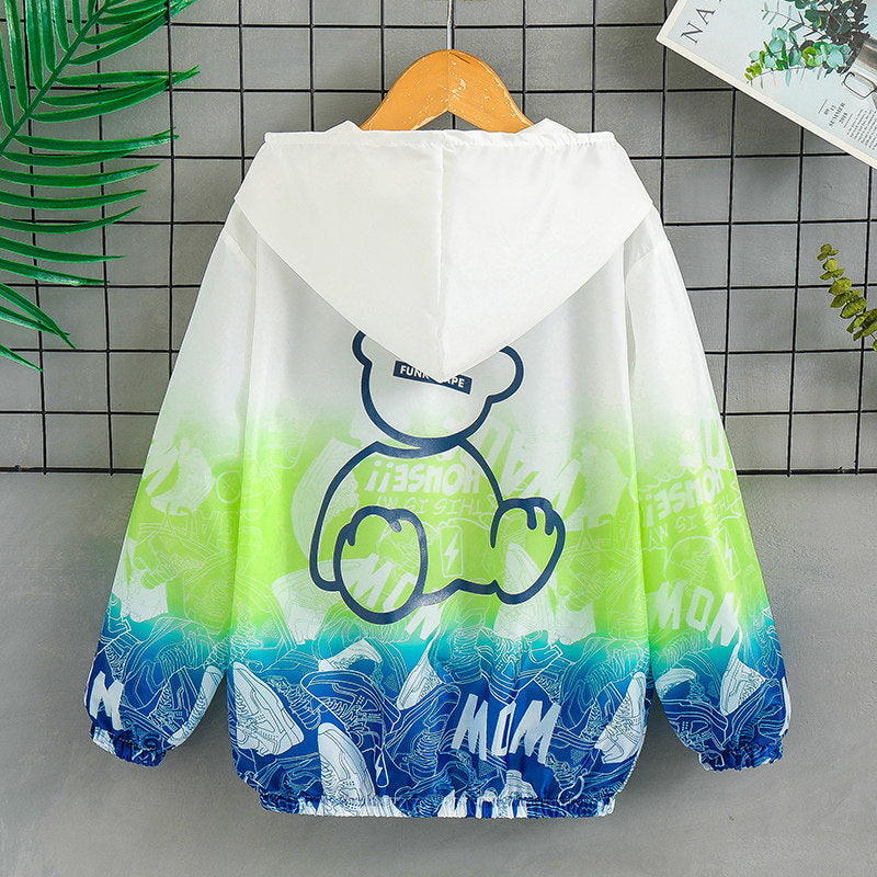 Unisex nan leichte Kapuzenjacke mit Comic-Bären-Print, Windbreaker-Stoff und elastischem Saum  R&B