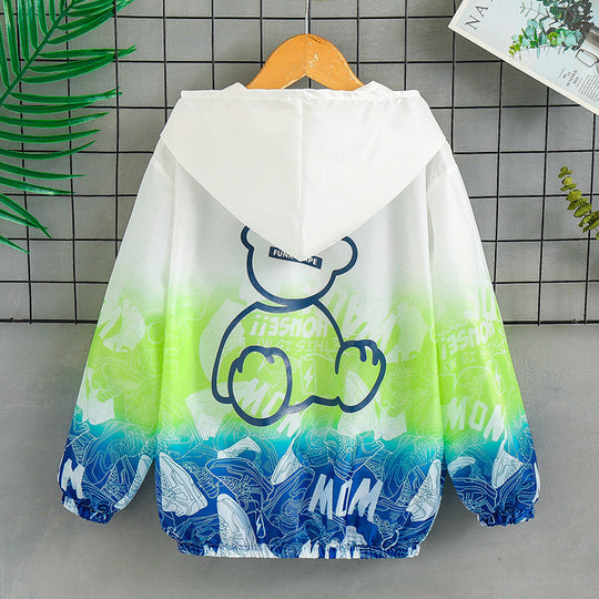 Unisex nan leichte Kapuzenjacke mit Comic-Bären-Print, Windbreaker-Stoff und elastischem Saum  R&B