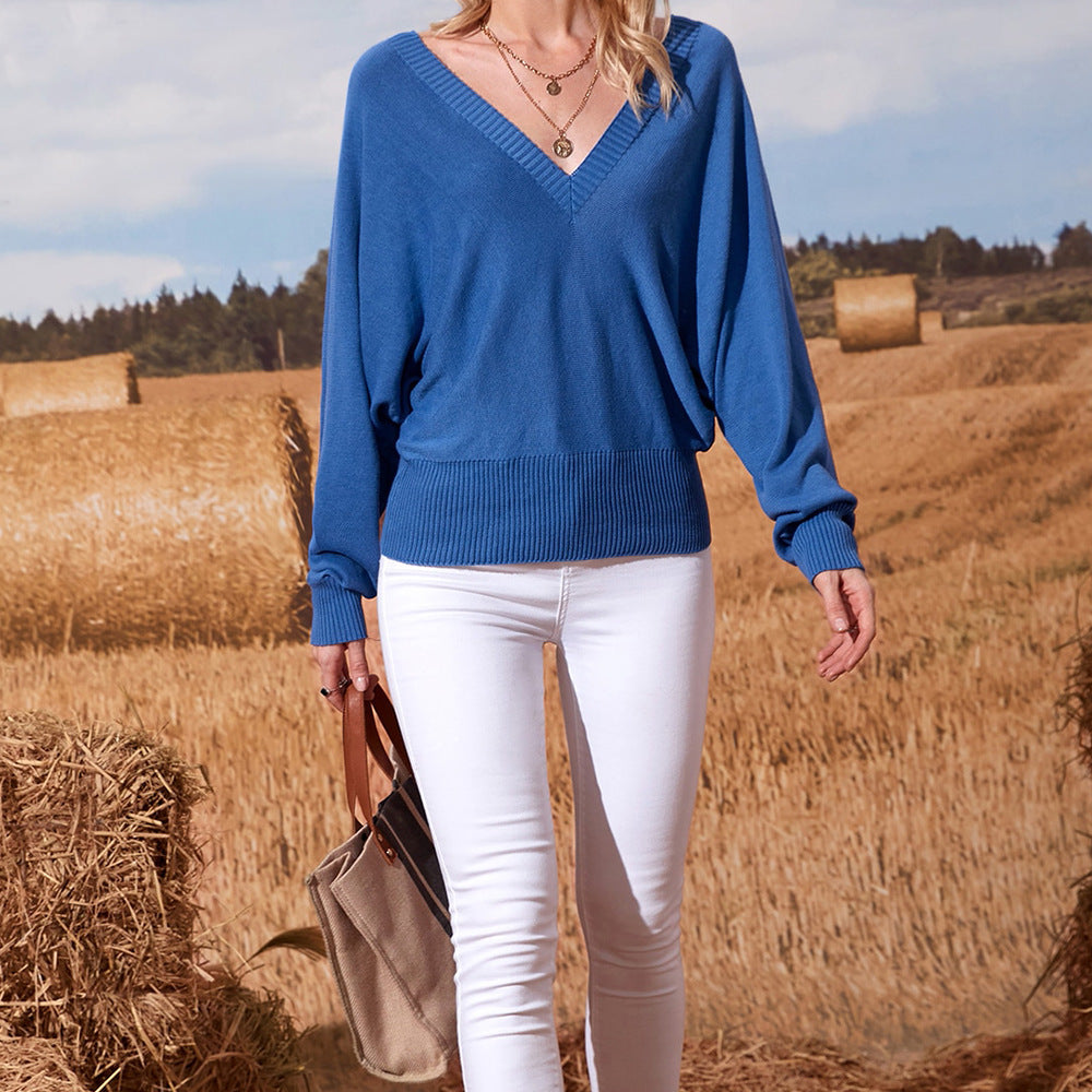 Damen V-Ausschnitt Strickpullover mit weitem Schnitt und gekräuselten Ärmeln R&B