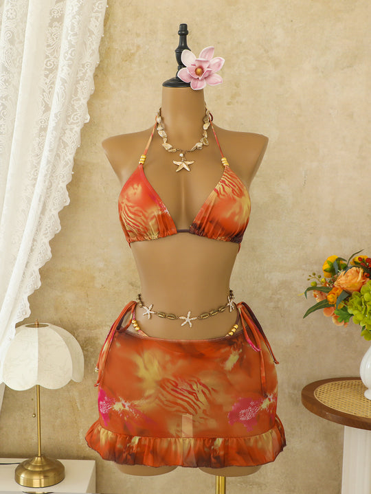 Damen Bikini-Top mit verzierten Bändern und passendem Wickelrock R&B