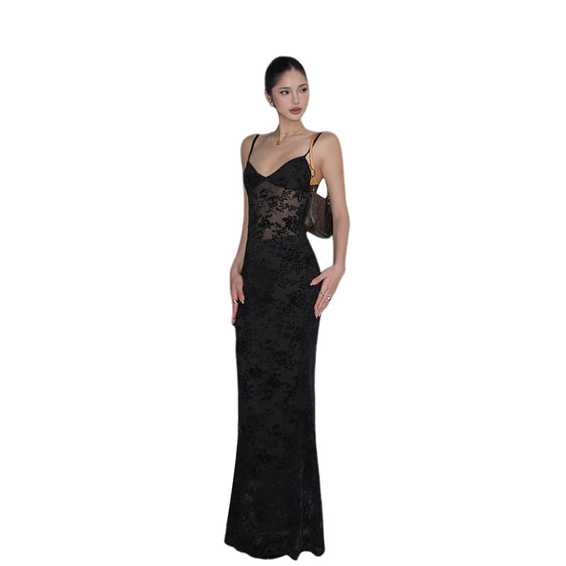 Damen Elegantes Spitzen-Maxi-Kleid mit Spaghetti-Trägern und transparenter Optik R&B