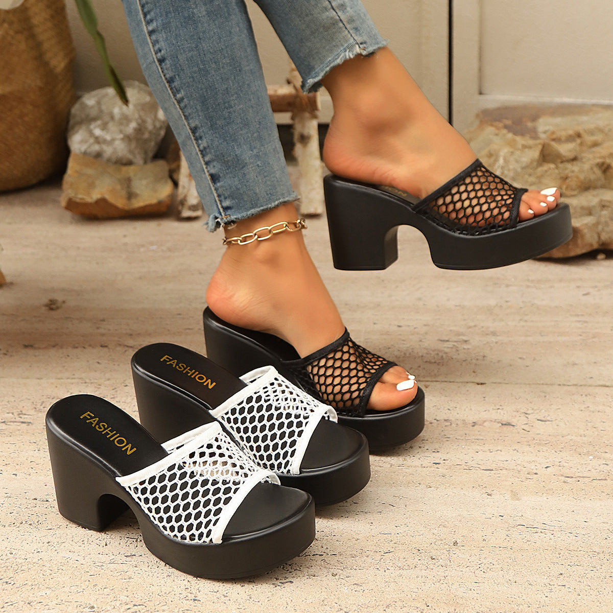 Damen Plateau-Sandaletten mit offener Spitze und trendigem Netzdesign R&B