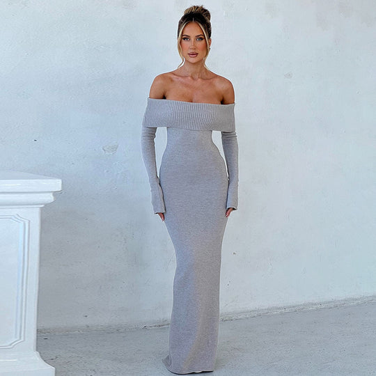 Damen schulterfreies Maxikleid mit langem Arm und elegantem Schnitt R&B