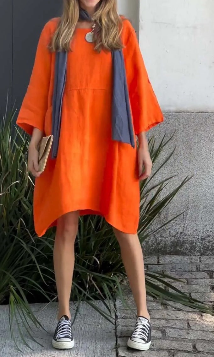 Damen lässiges Leinenkleid mit praktischen Taschen und asymmetrischem Saum R&B