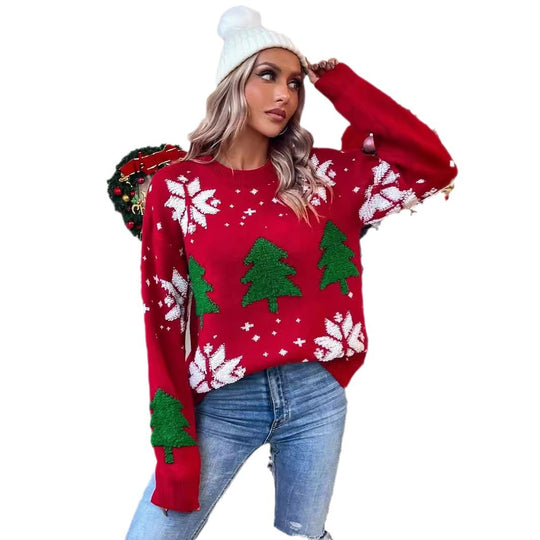 Damen Strickpullover mit festlichem Weihnachtsmotiv und aufgearbeitetem Design R&B