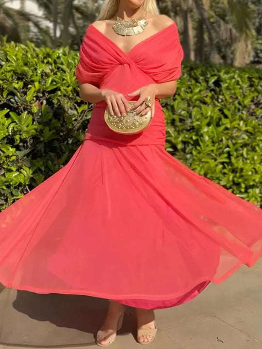 Damen nan elegantes bodenlanges Abendkleid mit drapierter Schulterpartie und luftiger Chiffon-Rock R&B