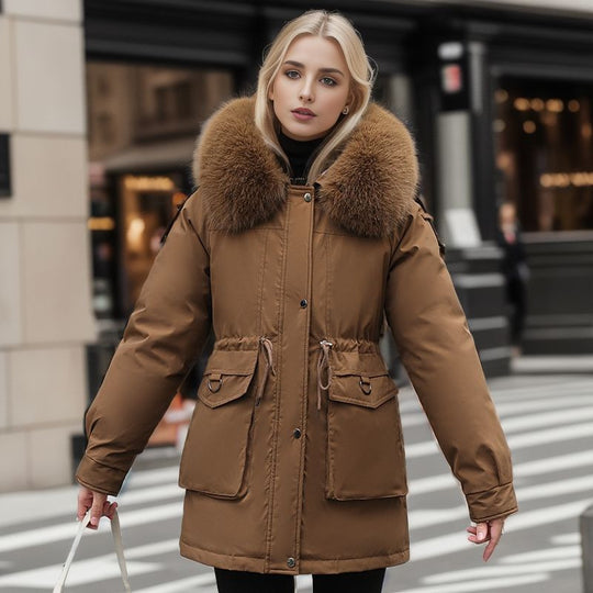 Damen warme Winterjacke mit abnehmbarem Pelzkragen R&B