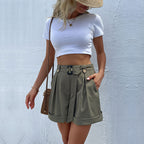 Damen elegante Bundfalten-Shorts mit Gürtel R&B