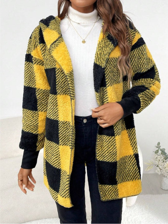 Damen Kuschelige Fleecejacke mit Karomuster und kapuziertem Design R&B