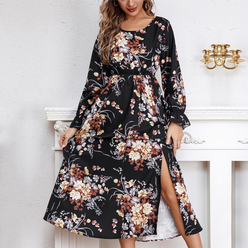 Damen Maxikleid mit floralem Design und hochgeschlitztem Saum R&B