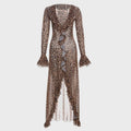 Damen Maxikleid mit Leopardenprint und gerafften Ärmeln R&B