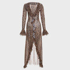 Damen Maxikleid mit Leopardenprint und gerafften Ärmeln R&B