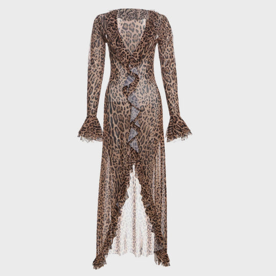 Damen Maxikleid mit Leopardenprint und gerafften Ärmeln R&B