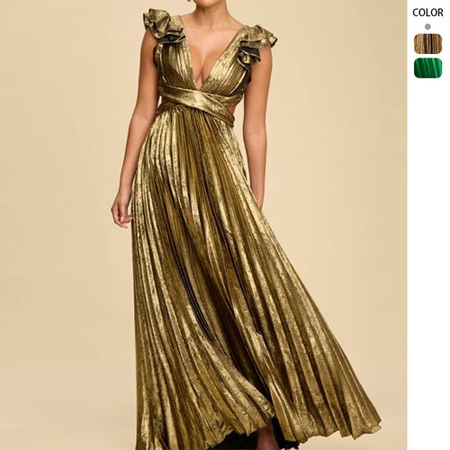 Damen Glamouröses Plissee-Maxikleid mit tiefem V-Ausschnitt und Puffärmeln R&B