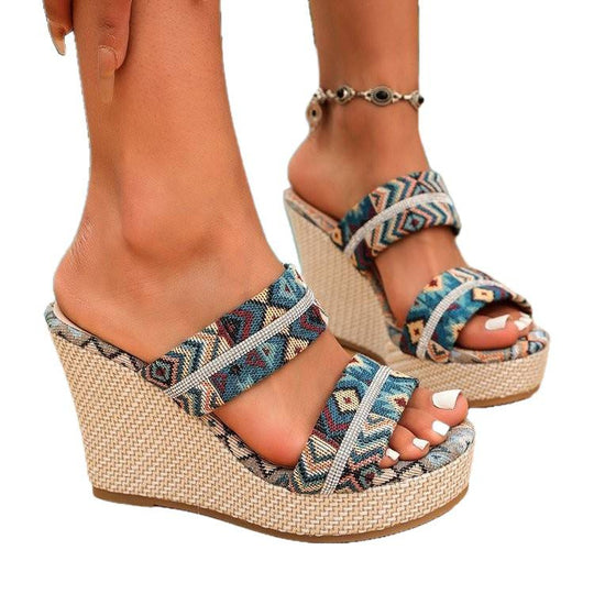 Damen Wedge-Pantoletten mit kunstvollem Ethno-Muster R&B
