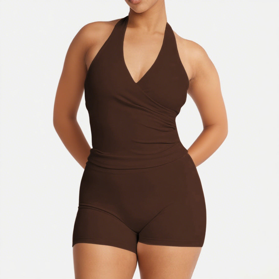 Damen Sportlicher Einteiler mit Wickeldesign und tiefem V-Ausschnitt R&B