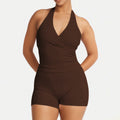 Damen Sportlicher Einteiler mit Wickeldesign und tiefem V-Ausschnitt R&B