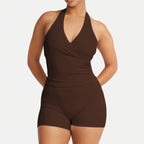 Damen Sportlicher Einteiler mit Wickeldesign und tiefem V-Ausschnitt R&B