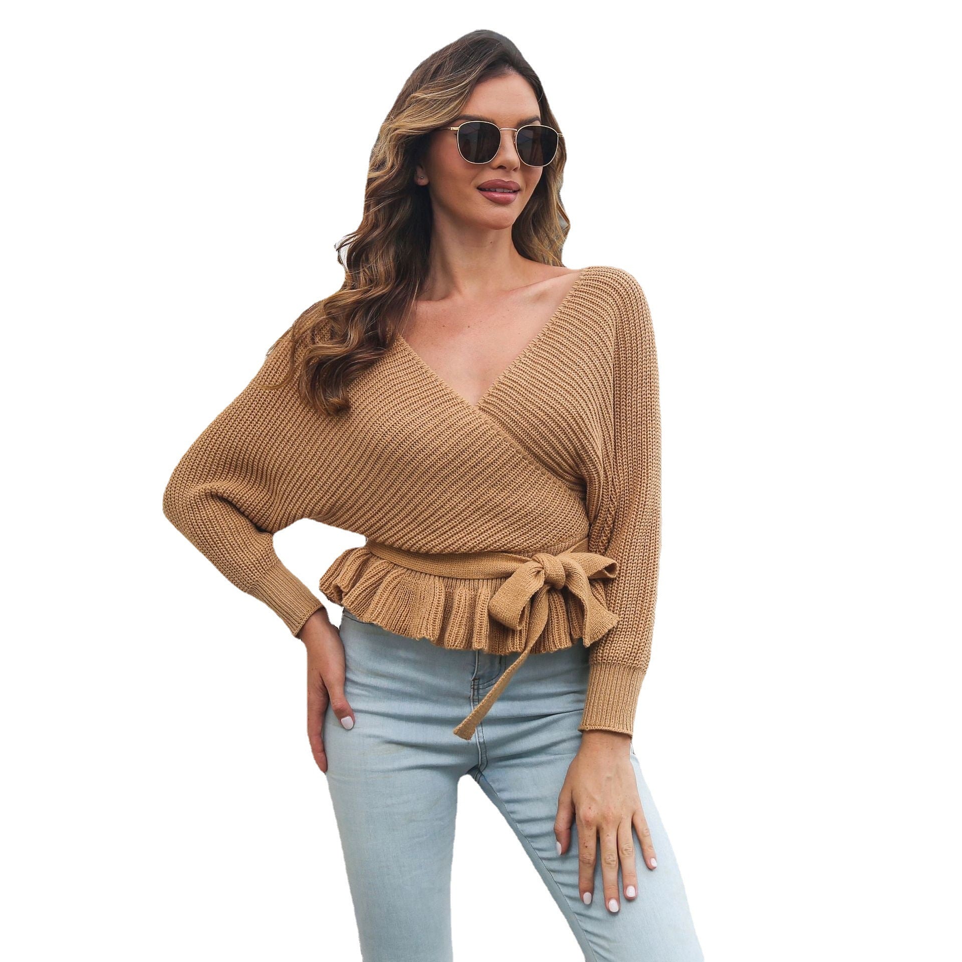 Damen Wickelpullover mit Rüschensaum und Taillengurt R&B