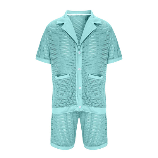 Damen Luftiges Netz-Pyjama-Set mit praktischen Taschen und Knopfleiste R&B